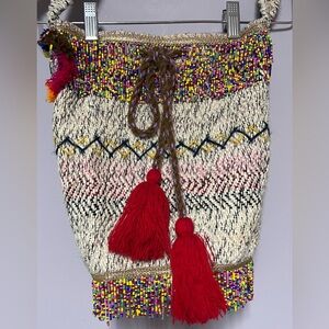 FREE PEOPLE Bucket WOVEN Bag BEADED Metallic
